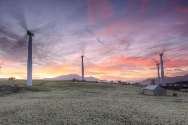 Shot taken of the Armaside Farm (Lake District) wind turbines on a winters morning. The sun was just rising. Some noise due to the long exposure used.